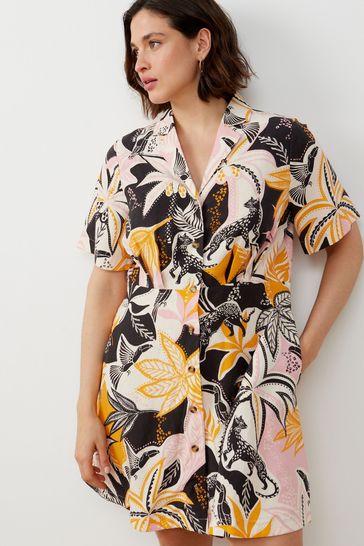 Oliver Bonas Pink/Orange Tropical Print Mini Shirt Dress