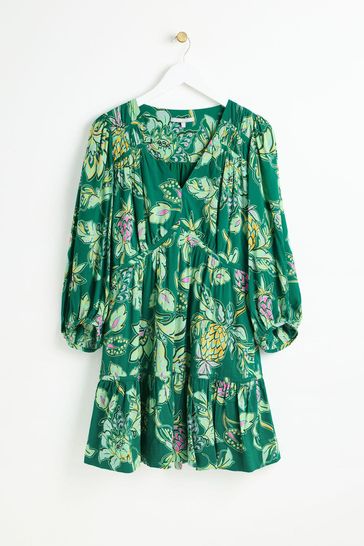 Oliver Bonas Green Paisley Floral Tiered Mini Dress