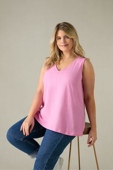 Camiseta sin mangas rosa con cuello de pico flameado de algodón de Live Unlimited Curve