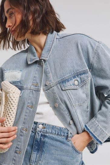 Buy Simply Be Blue Rip And Repair 100 Cotton Denim Jacket from Next Bahrain