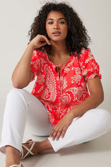 Evans Curve Paisley Print Tie Neck Blouse