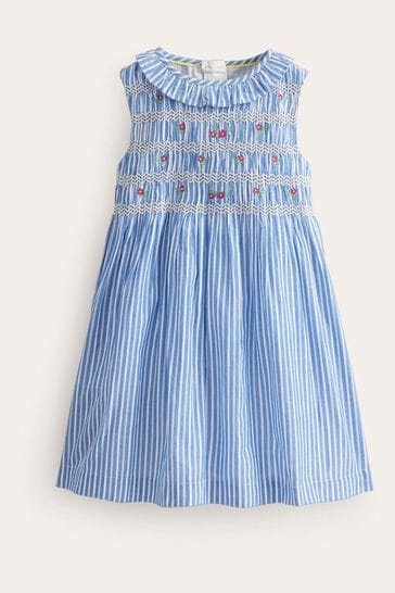 Boden Blue Smocked Bodice Stripe Dress