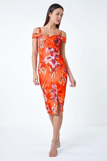 Roman Orange Premium Stretch Floral Cold Shoulder Dress