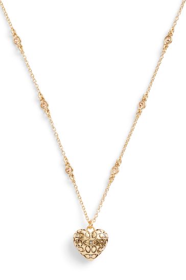 COACH Gold Tone Signature Quilted Heart Pendant Necklace