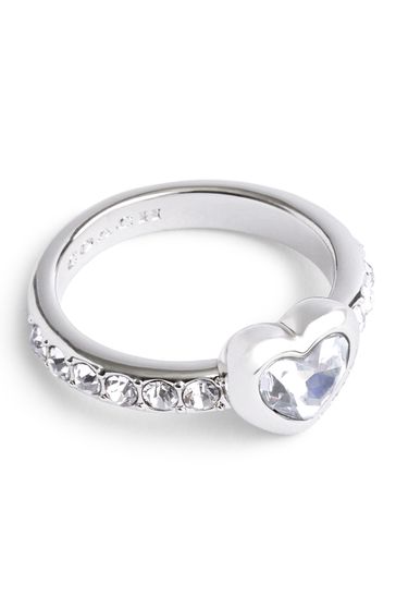 COACH Silver Tone Stone Heart Cocktail Ring