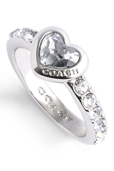 COACH Silver Tone Stone Heart Cocktail Ring