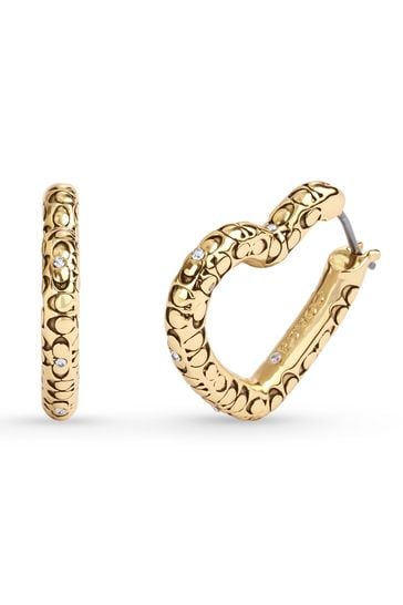 COACH Gold Tone Signature Quilted Heart Hoop Earrings