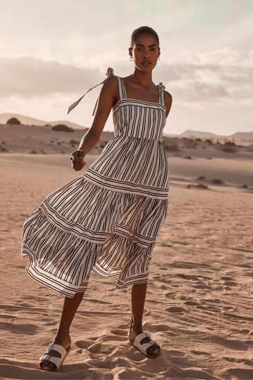 Buy Mint Velvet White Striped Tie Midi Dress With Linen from Next Netherlands
