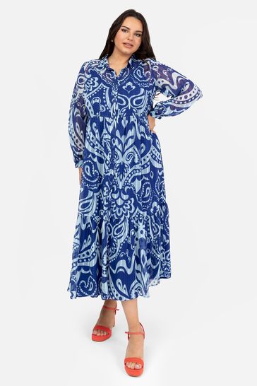 Lovedrobe Blue Voluminous Sleeve Tiered Shirt Dress