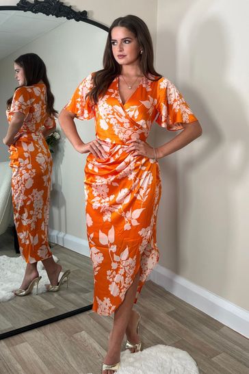 Girl In Mind Orange Natasha Angel Sleeve Wrap Midi Dress