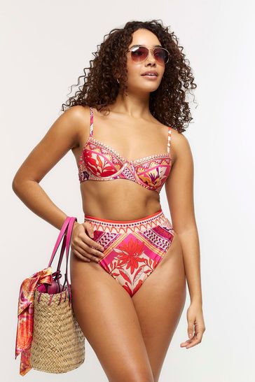 River Island Orange High Wasted Scarf Print Bikini Briefs