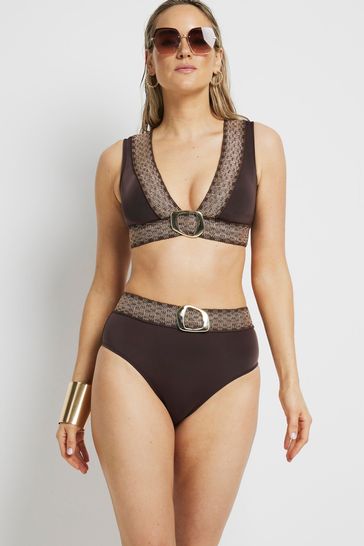 River Island Brown Buckle Elastic Bikini Top