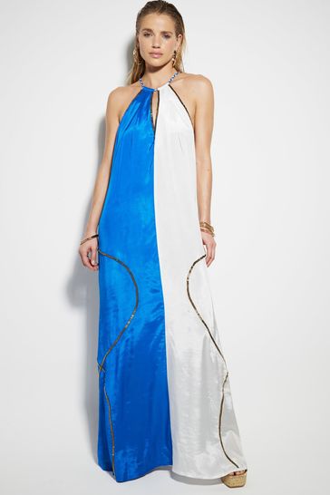 River Island Blue Colour Block Halter Neck Maxi Dress large Womens