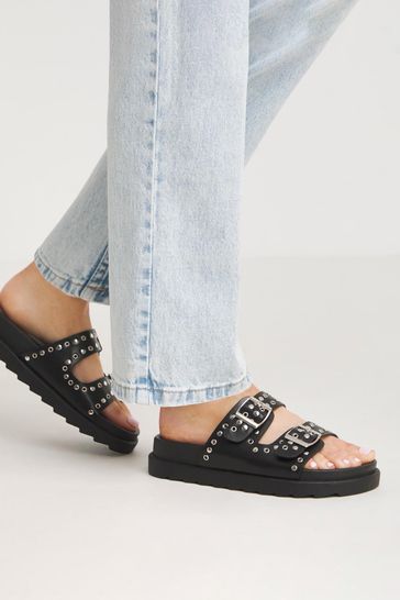 Simply Be Black Hardware Two Buckle Strap Sandals In Wide Fit