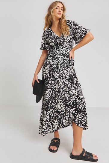 Simply Be Black Mono Print Crinkle Wrap Dress
