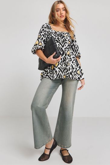 Simply Be Black Simply Be Mono Print Long Sleeve Ruched Front Smock Top