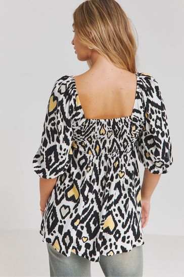 Buy Simply Be Black Simply Be Mono Print Long Sleeve Ruched Front Smock Top from Next Ireland