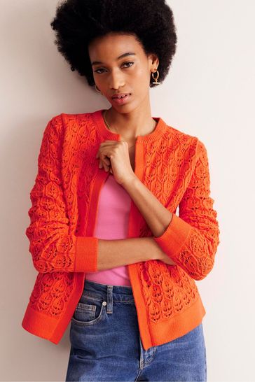 Boden Orange Crochet Knit Cardigan