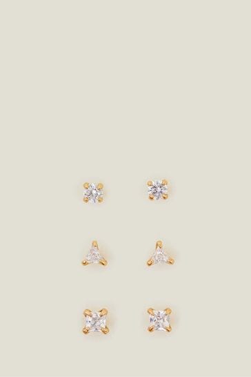 Accessorize 14ct Gold Plated Tone Sparkle Shape Stud Earrings 3 Pack