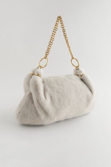 Grey Faux Fur Chain Shoulder Bag