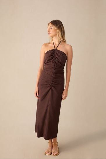 Ro&Zo  Halter Ruched Front Linen Midaxi Brown Dress