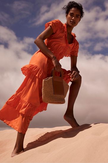 Mint Velvet Orange Cotton Tiered Maxi Dress