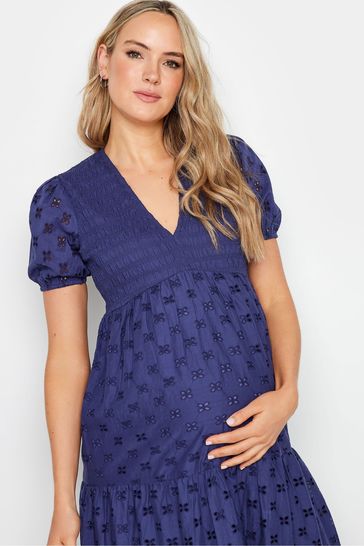 Long Tall Sally Blue Maternity Broderie Anglaise Tie Midaxi 100 Cotton Dress