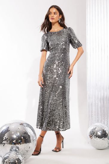 Friends Like These Silver Sequin Tie Back Puff Sleeve Empire Maxi Dress