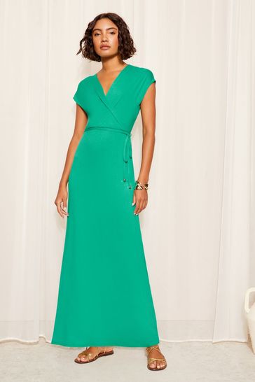 Friends Like These Green Petite Short Sleeve Wrap V Neck Tie Waist Summer Maxi Dress