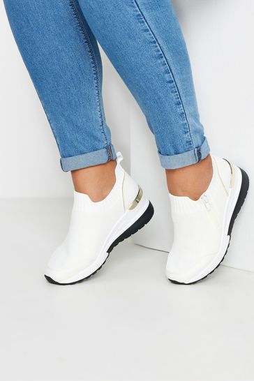 Yours Curve White Meic Trim Platform Trainers In Wide E Fit