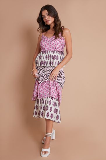 Another Sunday Mix Print Floral Polka Dot Pink Tiered Cami Midi Dress