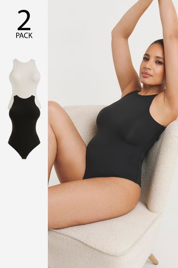 Simply Be Black Magisculpt Smoothing Racer Black/White Bodysuit 2 Pack