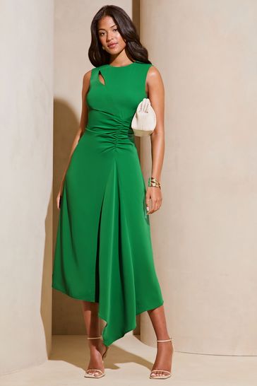 Lipsy Green Petite Sleeveless Ruched Front Asymmetricalmetrical Midi Dress
