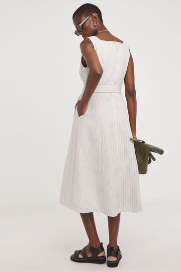 JD Williams White Pinstripe Linen Pinafore Dress With Detachable Belt