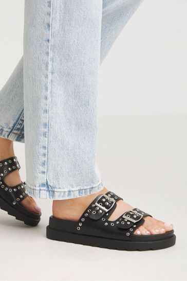 Simply Be Black Hardware Two Buckle Strap Sandals In Extra Wide Fit