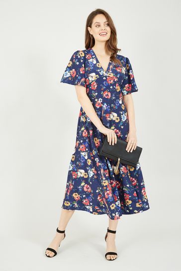 Yumi Blue Bird And Floral Print Midi Dress