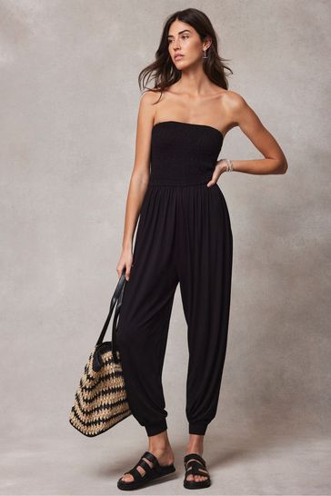 Mint Velvet Black Pleated Bandeau Wide Jumpsuit