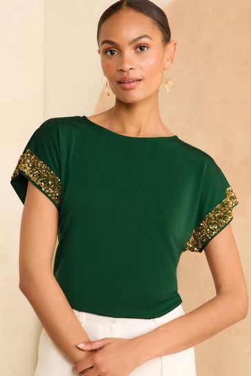 Love & Roses Green With Gold Sequin Cuff Jersey Top