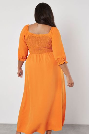 Apricot Orange Textured Milkmaid Smock Maxi Dress