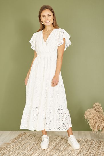 Mela White Cotton Broderie Anglaise Wrap Midi Dress