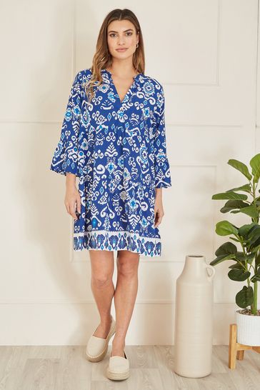 Yumi Blue Ikat Print 3/4 Sleeve Tunic Dress
