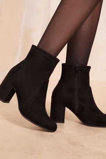 Friends Like These Black Mid Block Heel Faux Suede Sock Boot