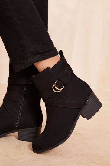 Friends Like These Black Low Block Heel Ankle Buckle Faux Suede Boots