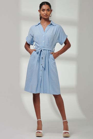Jolie Moi Blue Olivea Linen Drop Shoulder Shirt Dress