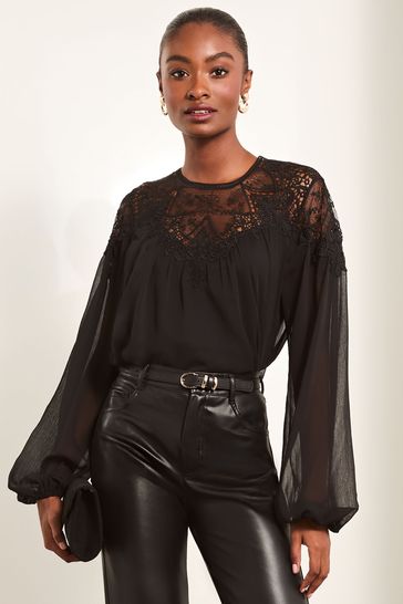 Lipsy Black Sheer Yoke Lace Blouse
