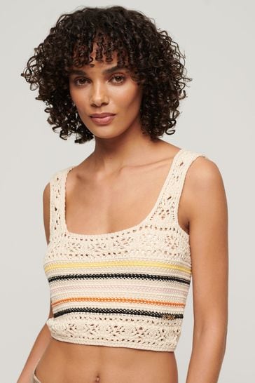 Superdry Cream Lace-up Crochet Cropped Vest Top