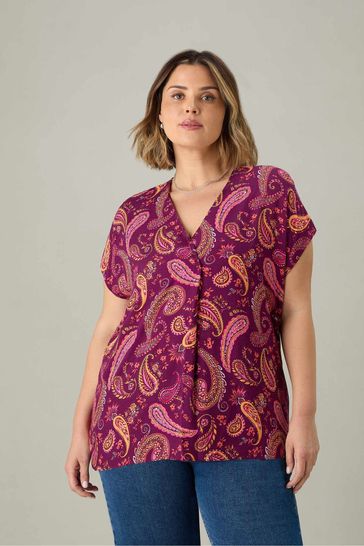 Live Unlimited Purple Curve Plum Paisley Pleat Front Top