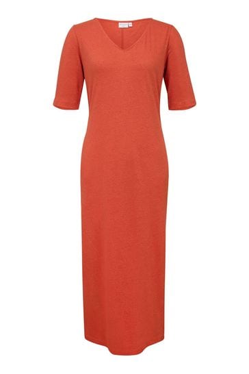 Celtic & Co. Orange Linen Cotton V-Neck Midi Dress