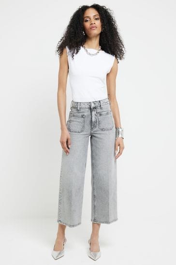 River Island Grey High Rise Pocket Front Wide Crop Jeans
