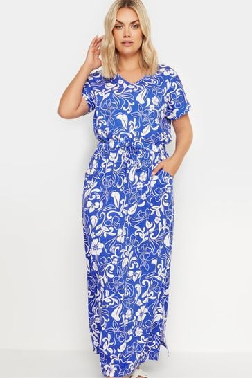 Yours Curve Blue Two Tone Summer Swirl Side Split Drawcord Maxi Dress